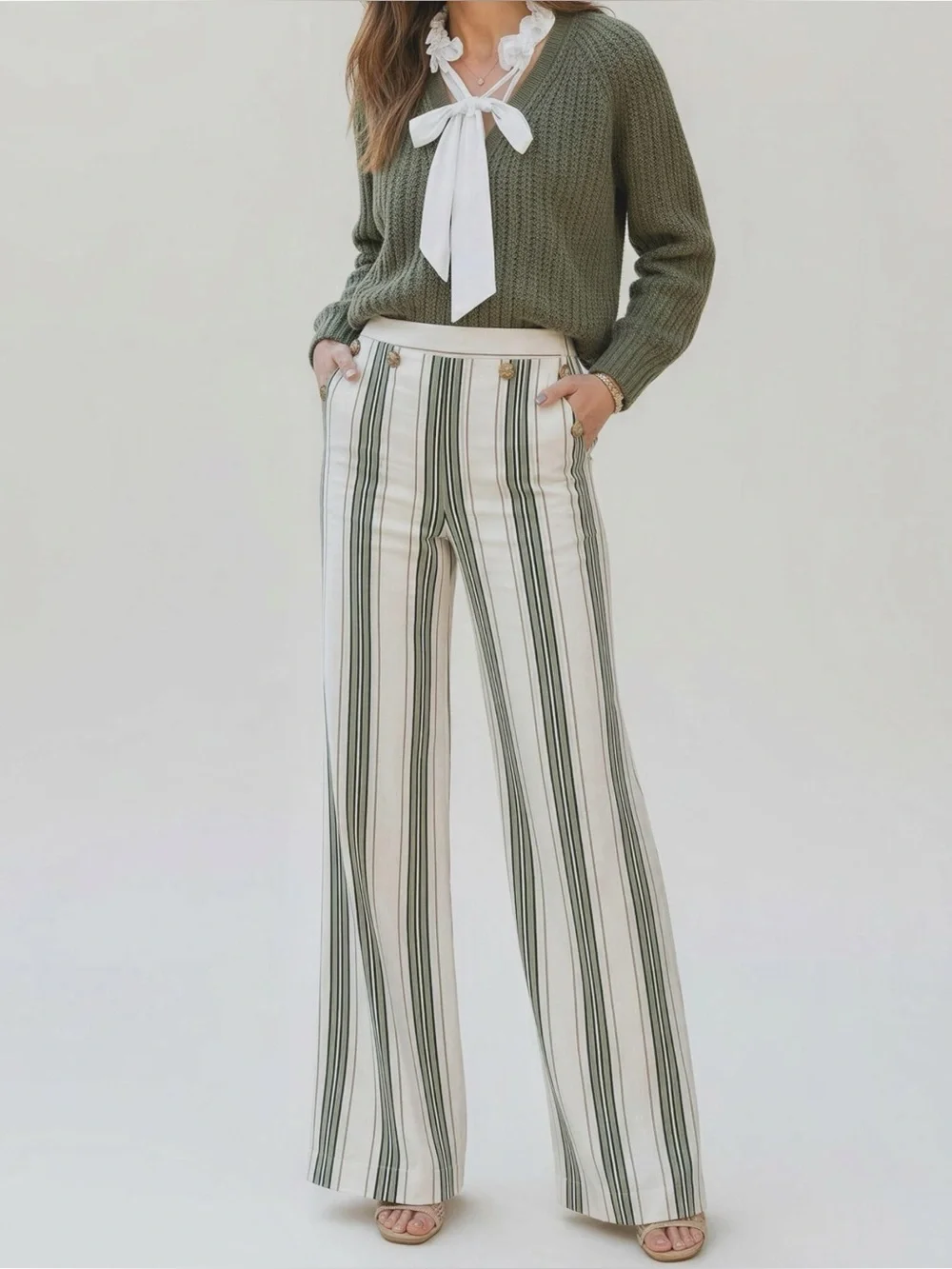 SÉZANE Clayton Linen Cotton Pants, Beige Blue Green Stripes, FR44/US12